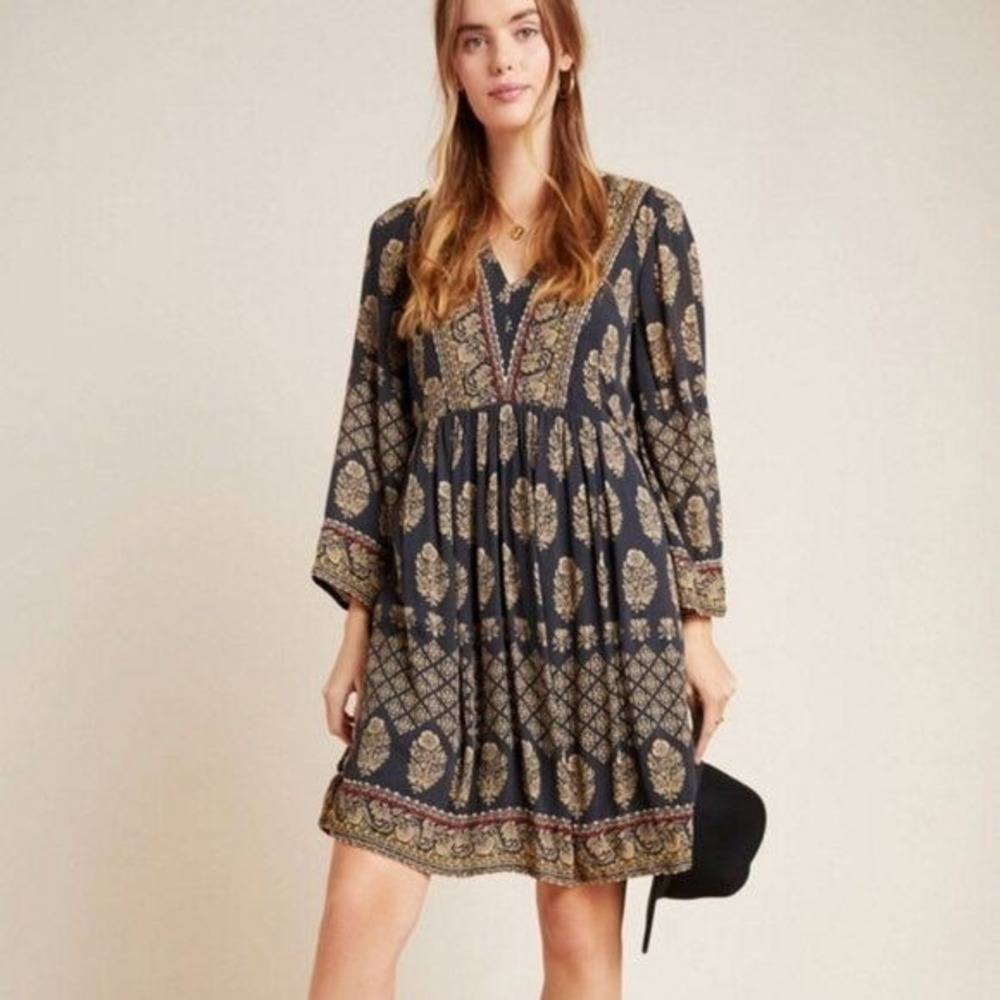Maeve Anthropologie Avalon Dress Medium Boho Midi Shift Moroccan Embroidered